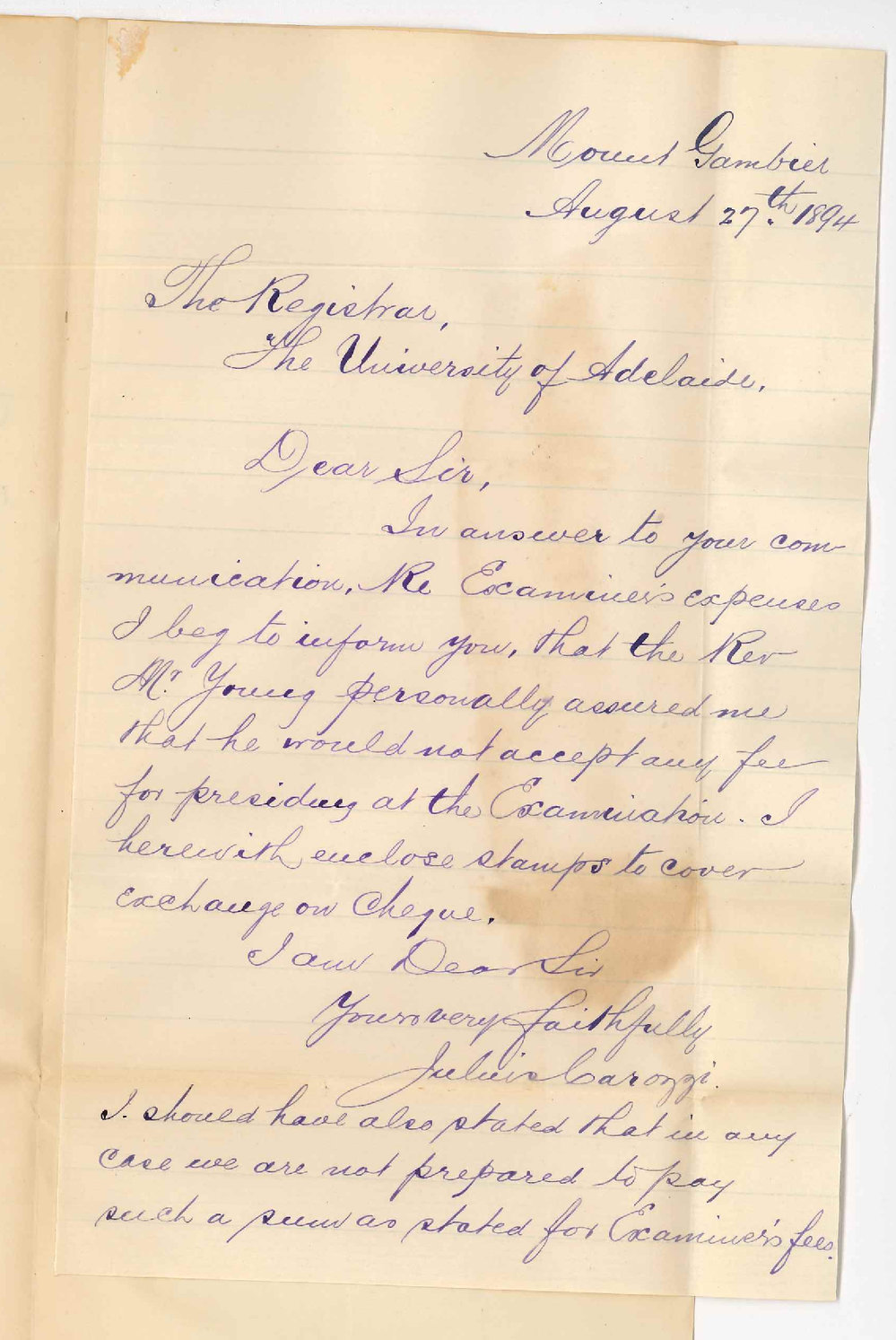 Julius Carozzi - Mount Gambier - Rev Mr Young will not accept Examiners fee