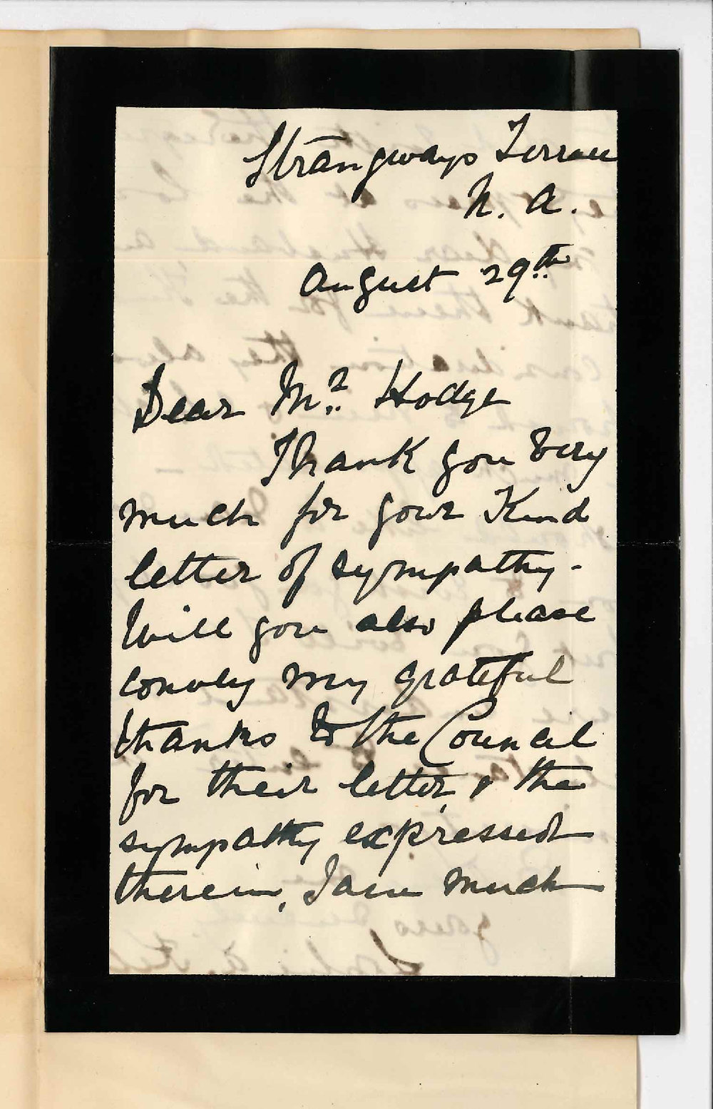 Mrs Sophia A Kelly - Strangways Terrace North Adelaide - Thanks Council for letter of sympathy regarding death of the late Professor David Frederick Kelly