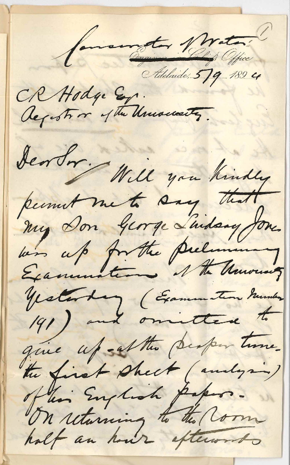 James W Jones - Conservator of Waters Office - Adelaide - Requests Leniency of Examiners Towards his Son who Neglected to Hand in the First Page of His English Paper Preliminary Exam