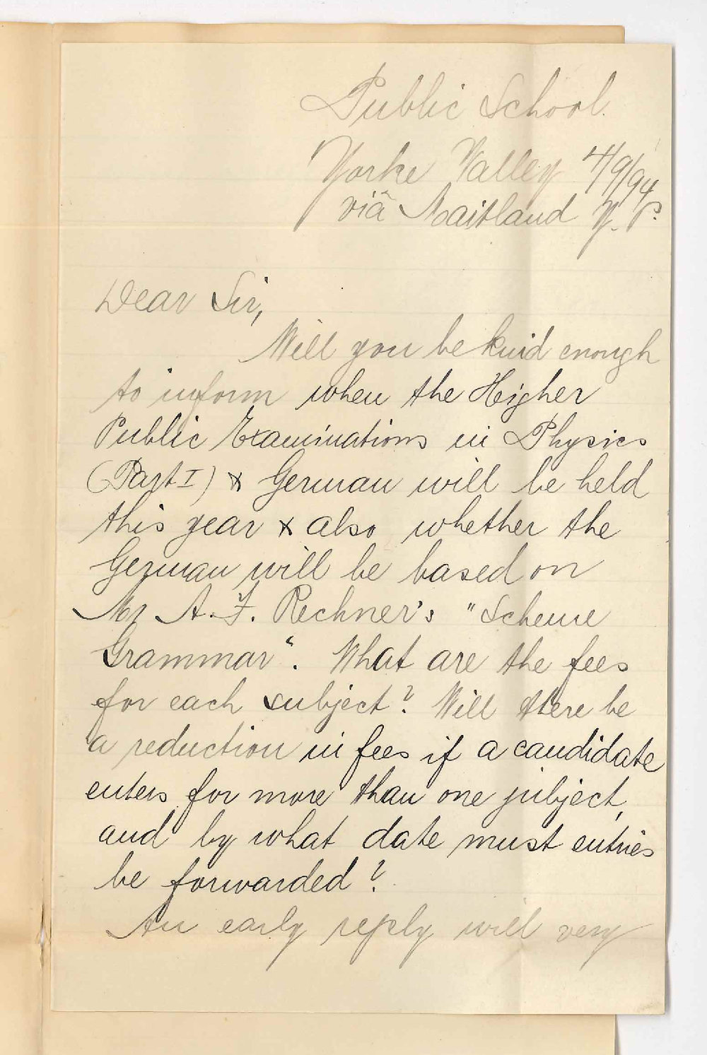 R E Ullrich - Public School - Yorke Valley via Maitland Yorke Peninsula - Requests information concerning the Higher Public Examination