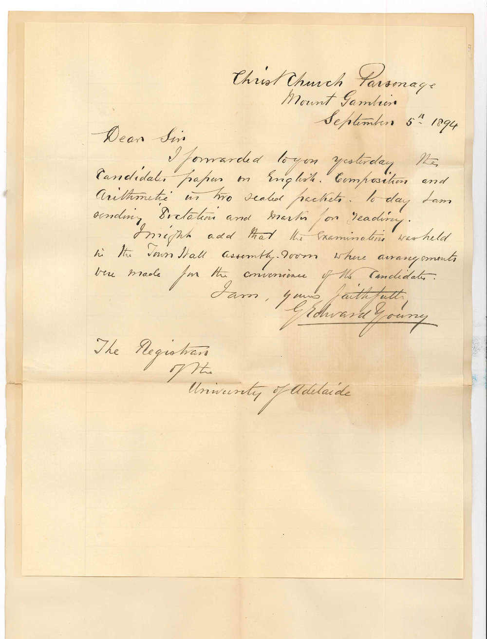 Reverend G Edward Young - Christ Church Parsonage - Mount Gambier - Forwarding Candidates replies local Preliminary Examination Mount Gambier