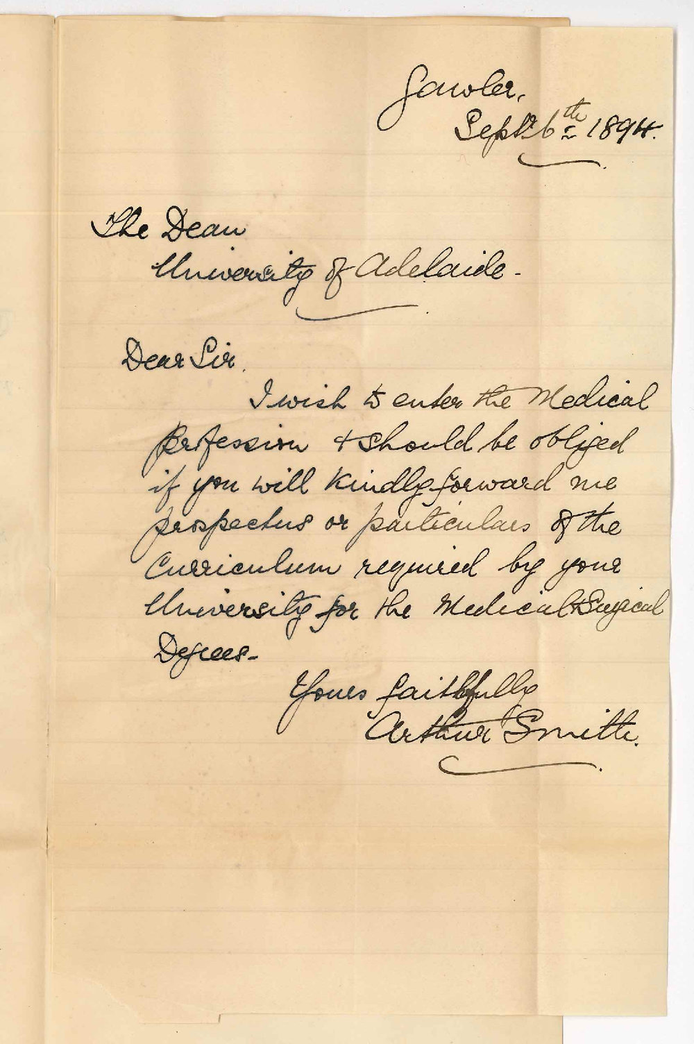 Arthur Smith - Gawler - Requests information concerning the MB Course etc