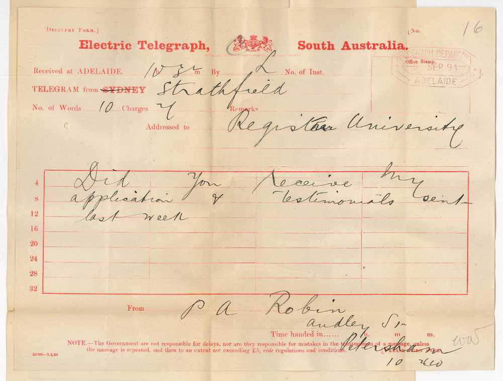 P Ansell Robin - Audley Street Petersham - Wishes to know whether application for Hughes Professorship received safely