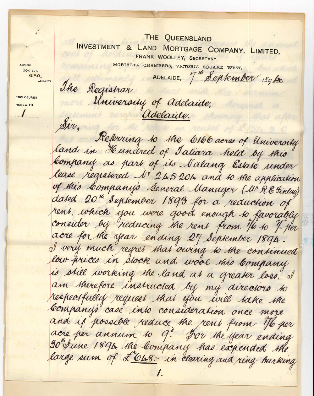 Frank Wooley - Secretary - Queensland Investment and Land Mortgage Company - Requests Reduction of Rent to 9d per acre
