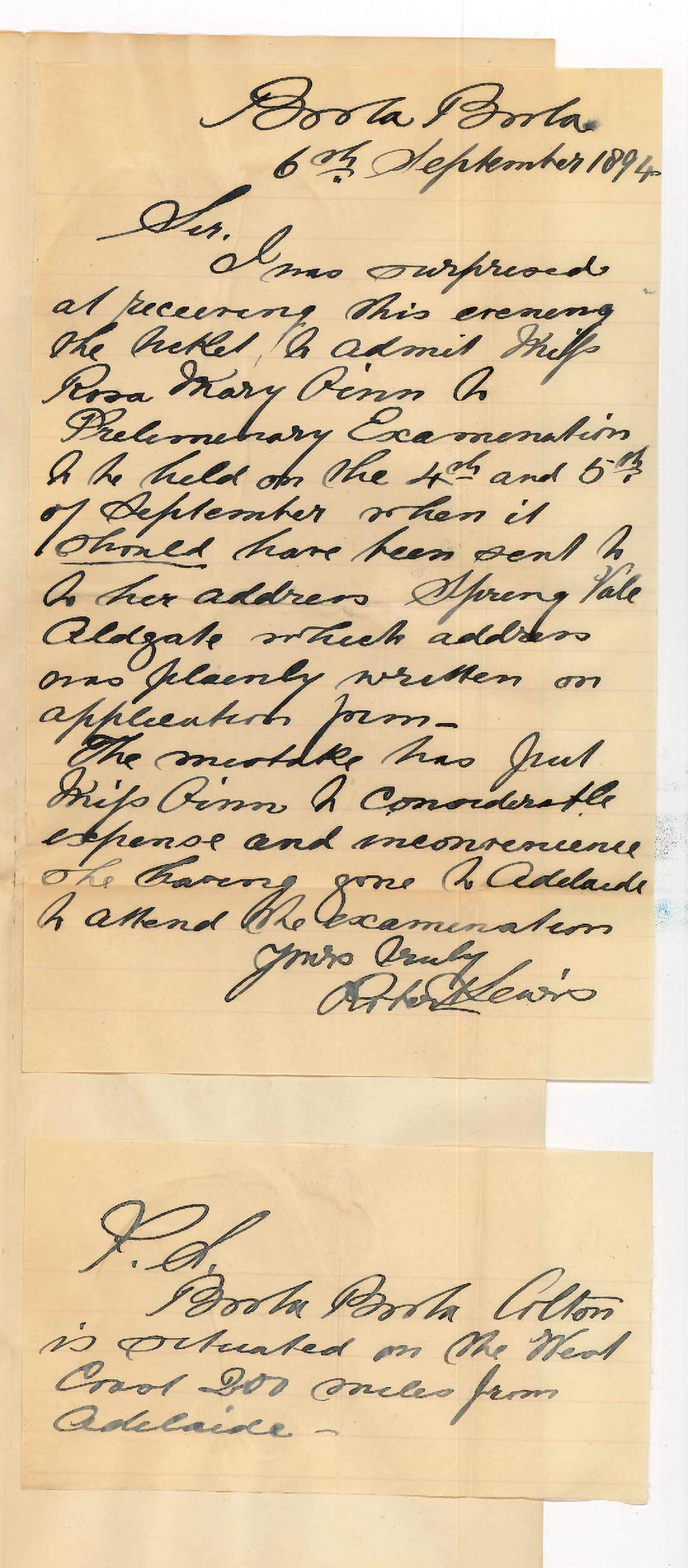 Robert Lewis - Boola Boola - Miss Rosa Mary Pinn and attendance at the Preliminary Examination