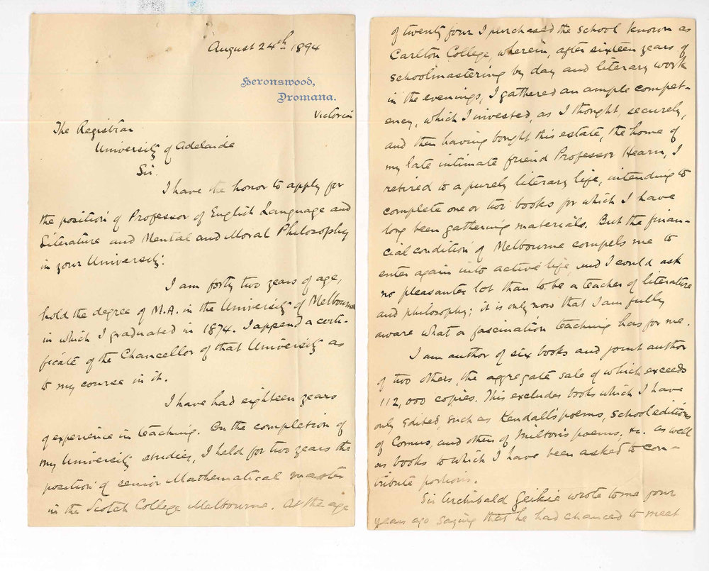 Alexander Sutherland - Hernswood Dromana Victoria - Application for vacant Hughes Professorship of English