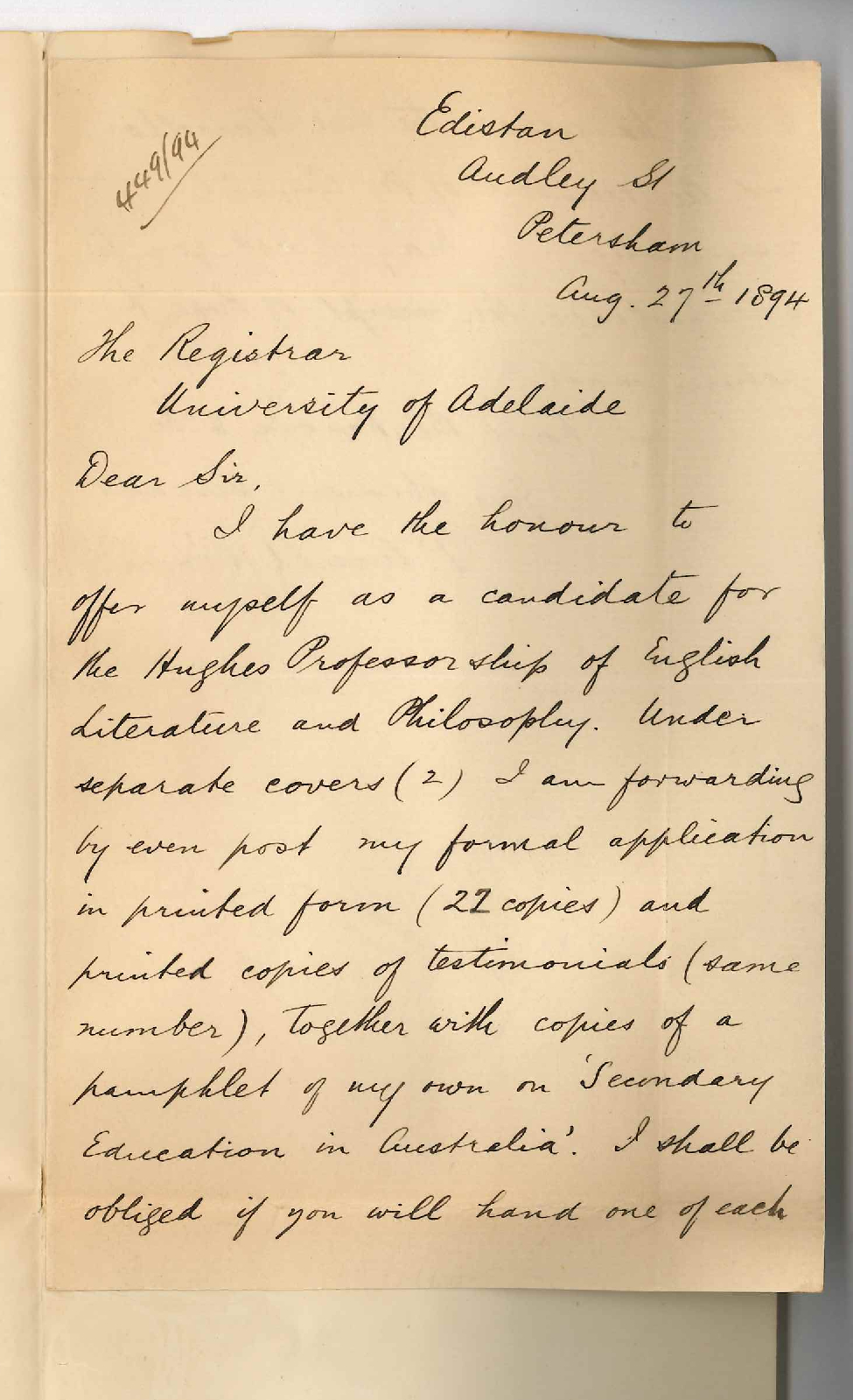 P Ansell Robin - Edistan Audley Street Petersham - Application for vacant Hughes Professorship of English