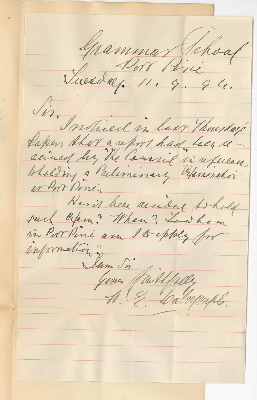 W E Dalrymple - Grammar School Port Pirie - Requests information regarding local Preliminary Examination