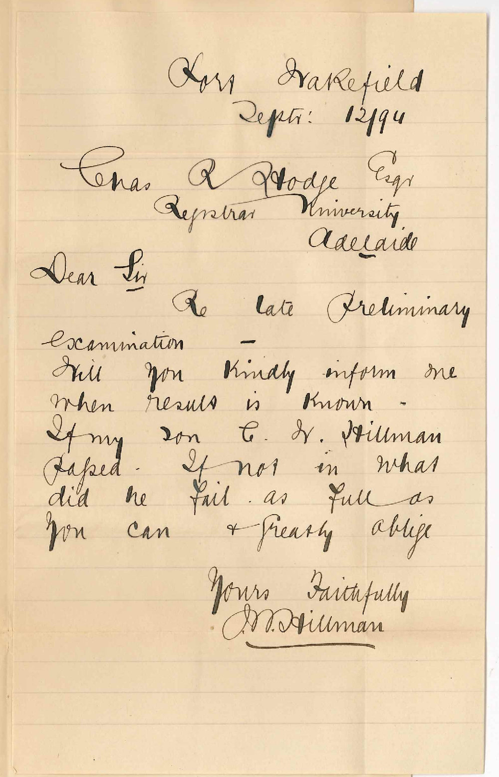 JW Hillman - Port Wakefield - did GN HIllman Pass or Fail Preliminary Exam