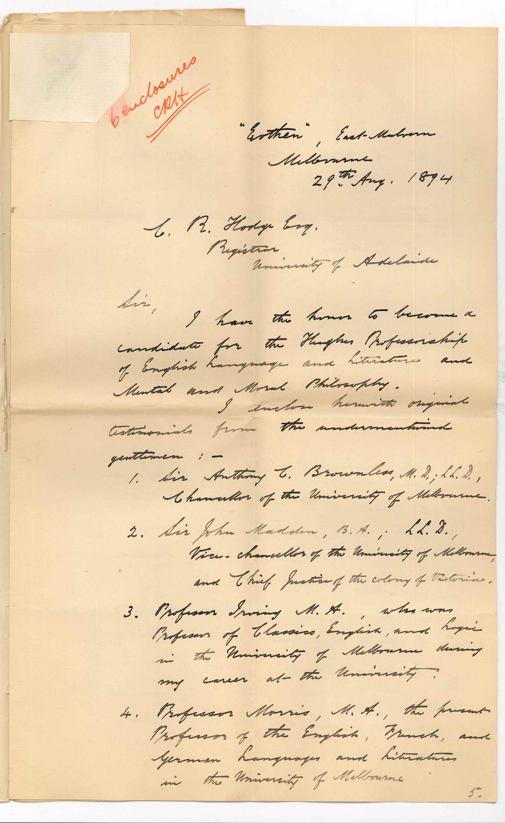 Robert Craig - Eothen East Malvern Melbourne - Application for vacant Hughes Professorship of English