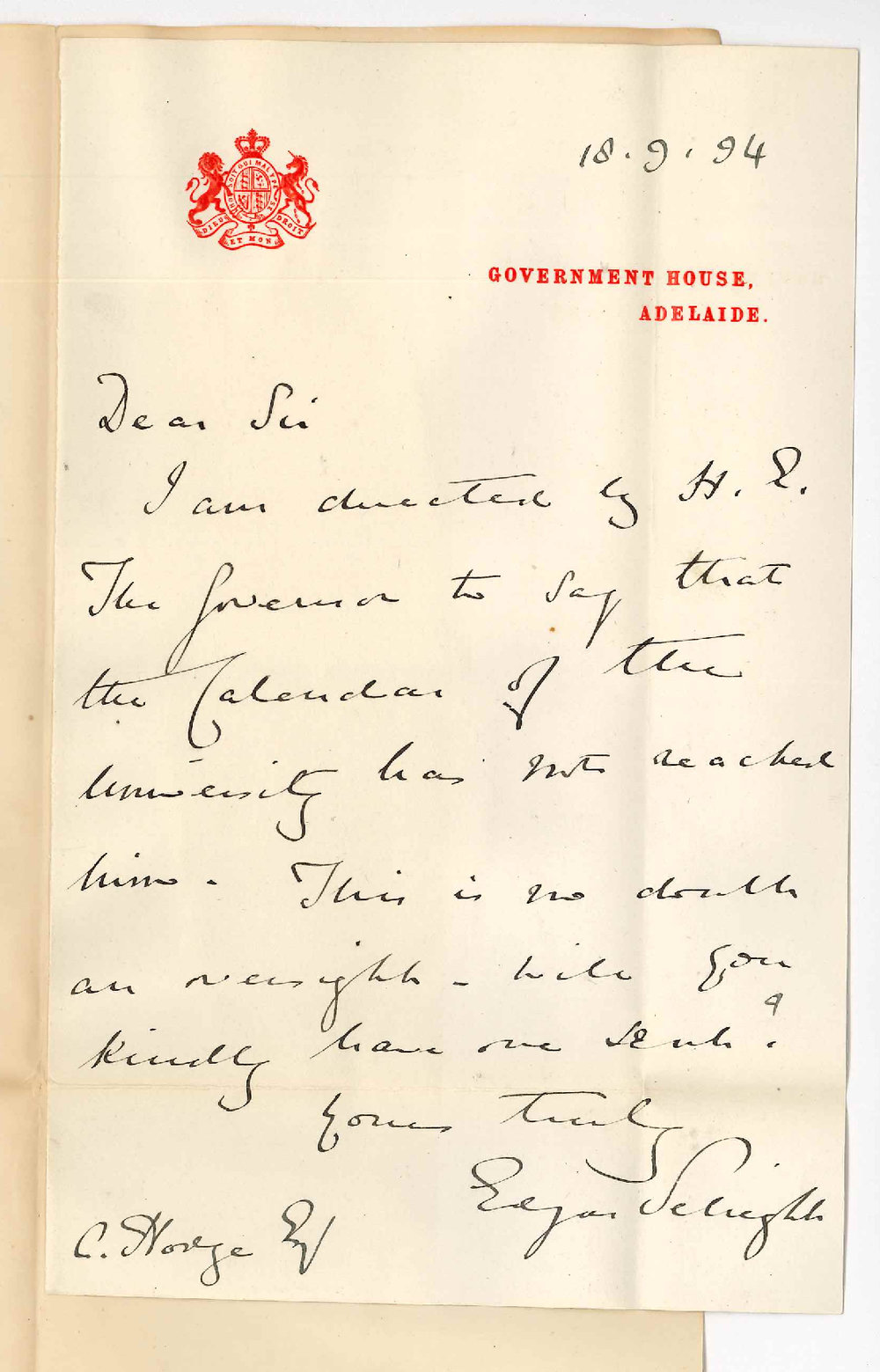 Major Edgar Sebright ADC - Government House - Requests Copy University Calendar