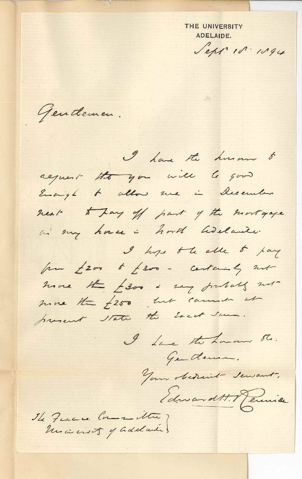 Professor Edward Henry Rennie - The University - Permission to pay off part of mortgage