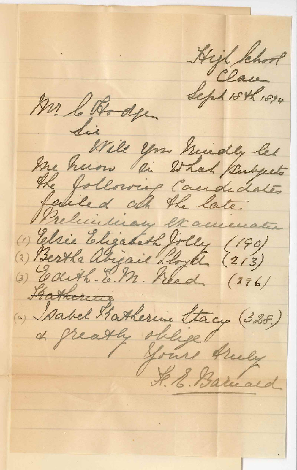 Mrs F E Barnard - High School Clare - Subjects Pupils Failed at Preliminary Examination September 1894