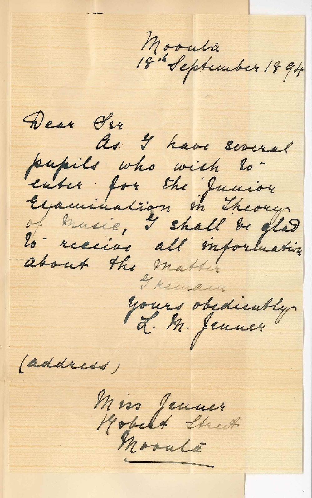 Miss L M Jenner - Robert Street Moonta - Requests Information Regarding Theory of Music Examination November 1894