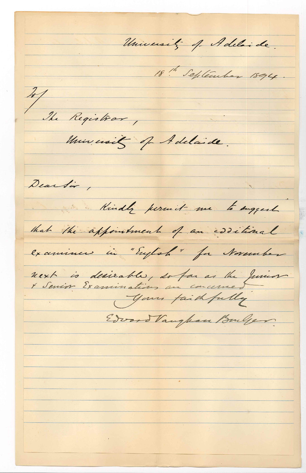 Professor Edward Vaughan Boulger - The University - Suggests appointment of an additional Examiner in English for Junior and Senior Public Exams November 1894