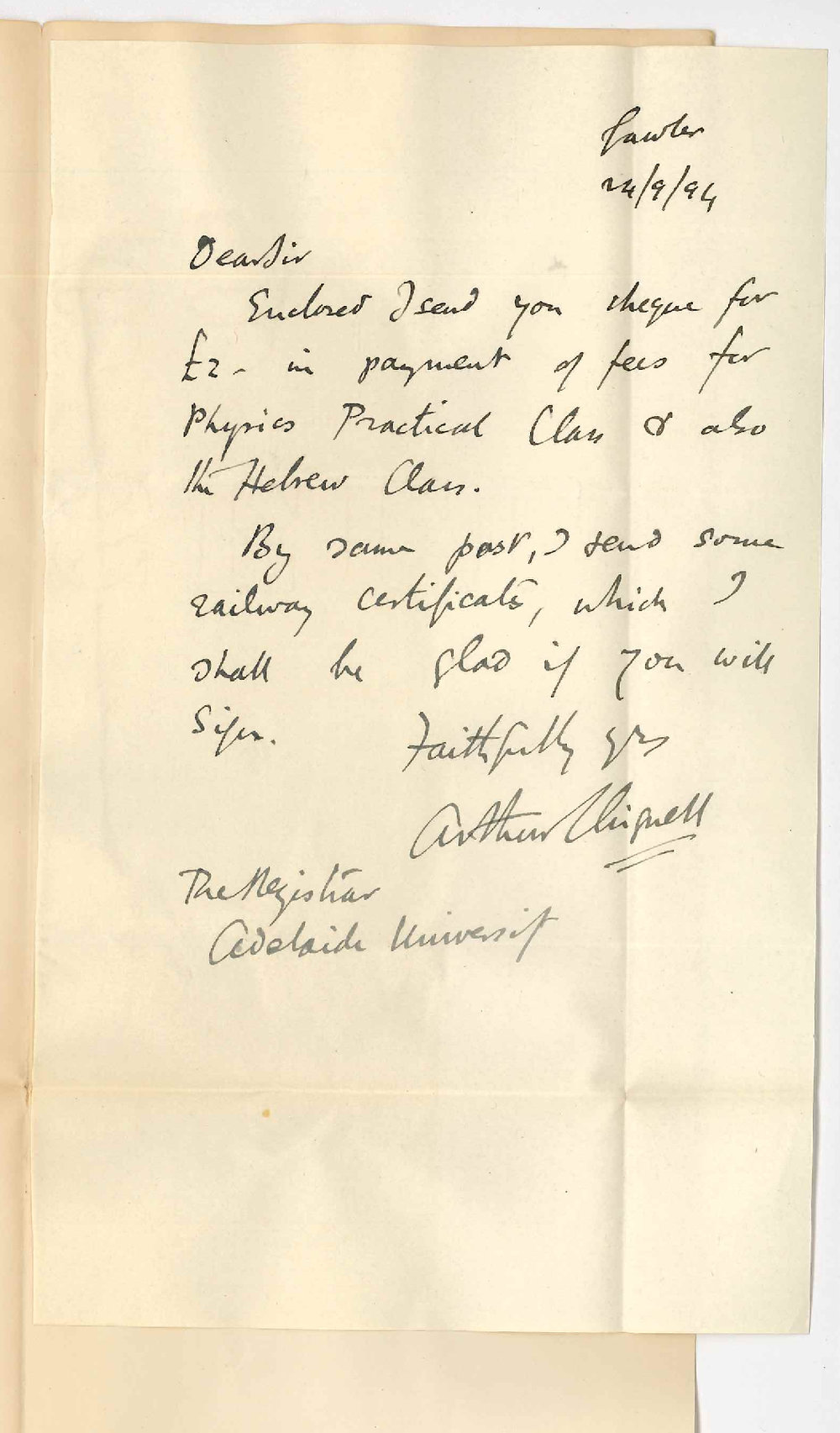 Arthur Chignell - Gawler - Forwards cheque for fees etc