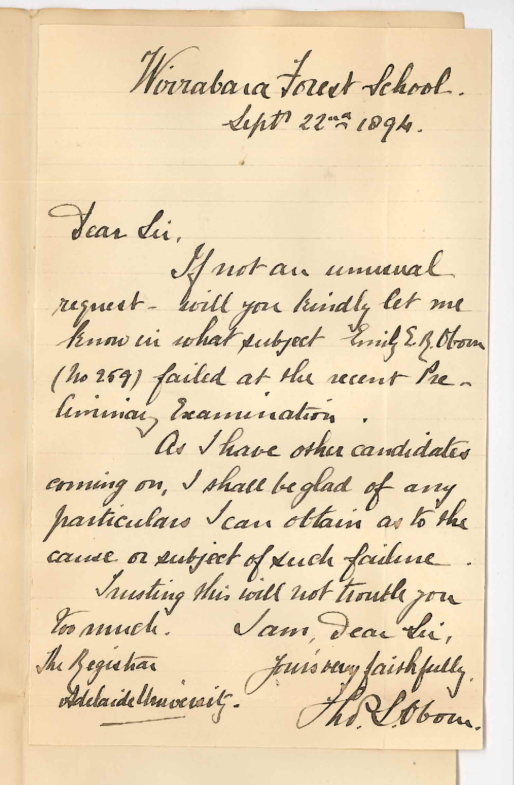Thomas S Oborn - Wirrabara Forest School - Regarding failure of pupil at recent Preliminary Examination