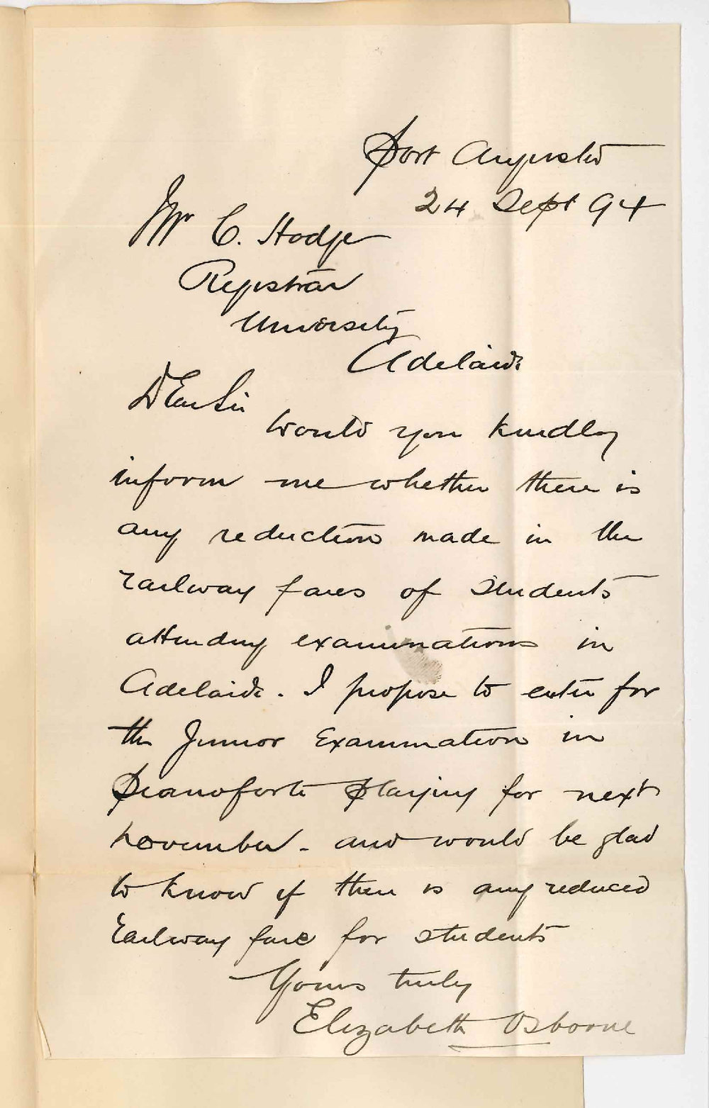 Miss Elizabeth Osborne - Port Augusta - Regarding Concession in Railway Fees for Students Travelling from a Distance to Attend University Examinations