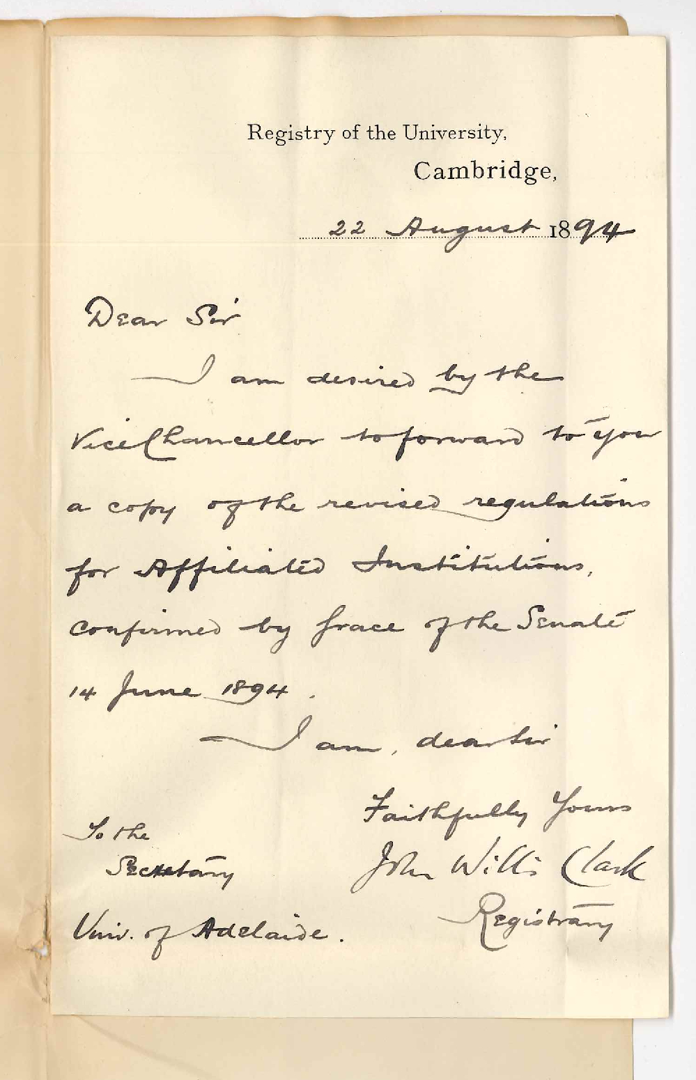 John Willis Clark - Registry of the University Cambridge - Copy of revised regulations for Affiliated Institutions