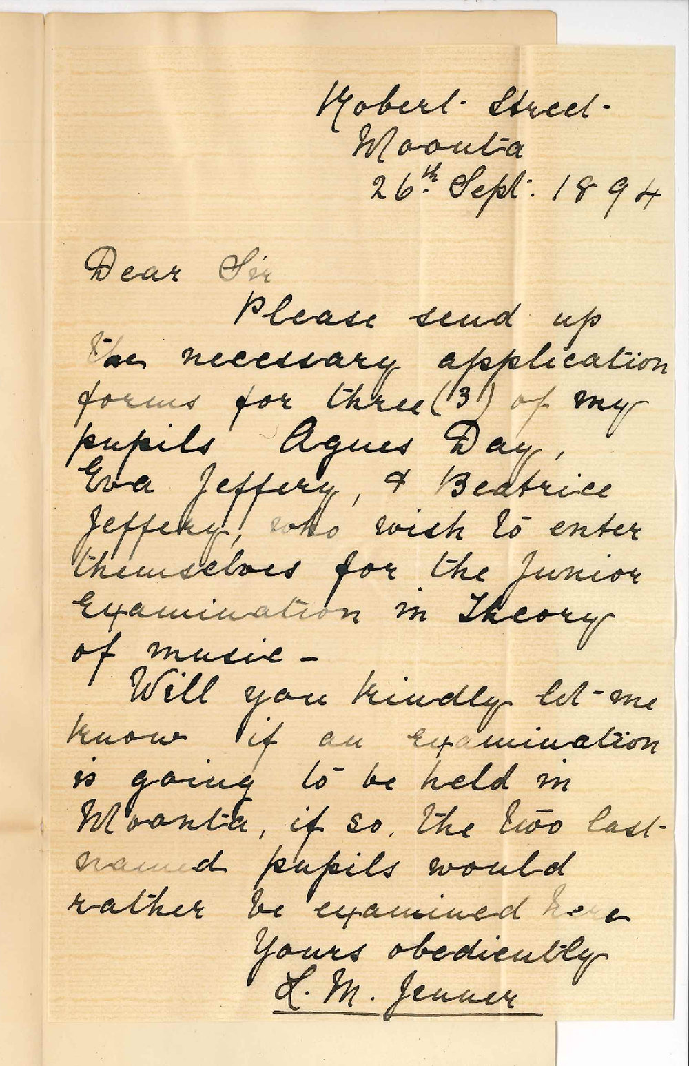 Miss LM Jenner - Robert Street Moonta - Regarding Local Exam in Theory of Music - Agnes Day - Eva Jeffery - Beatrice Jeffery