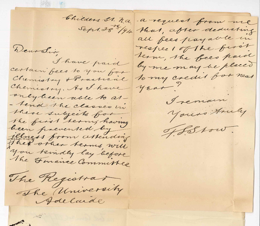 Francis Leslie Stow - Childers Street North Adelaide - Request that fees paid may stand to his credit for future lectures