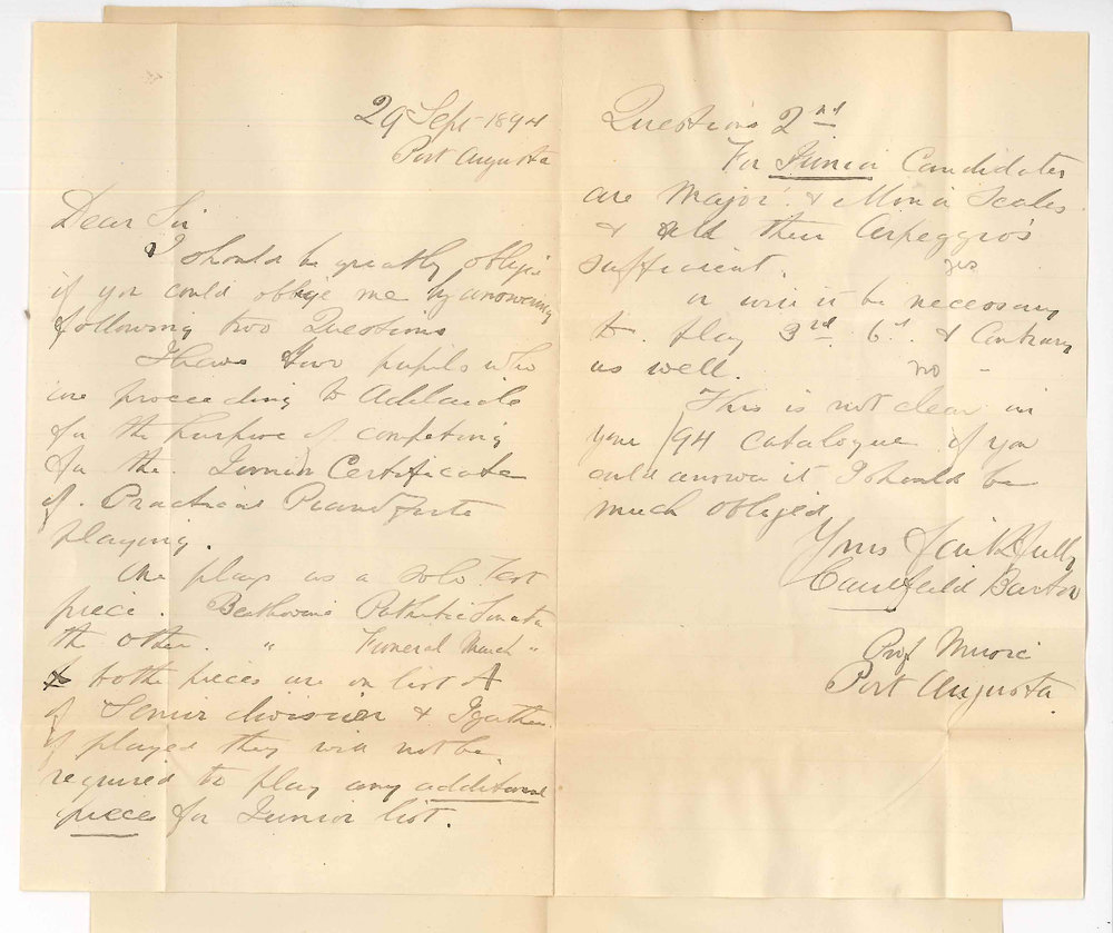 Caulfield Barton - Port Augusta - Regarding Junior Practice of Music Exam Pianoforte Playing