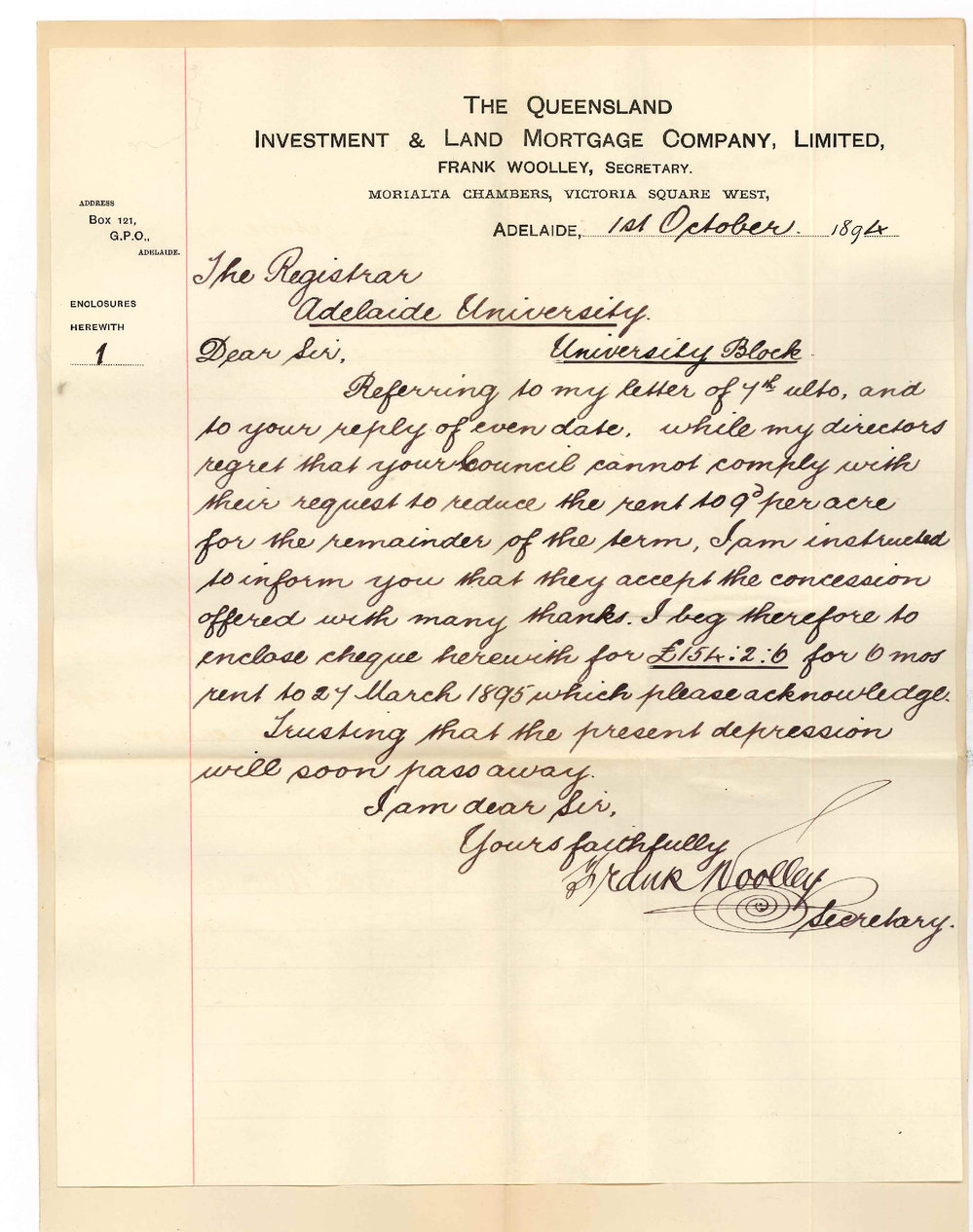 Frank Wooley - Secretary - Queensland Investment and Land Mortgage Company - Payment of Rent at the reduced rate