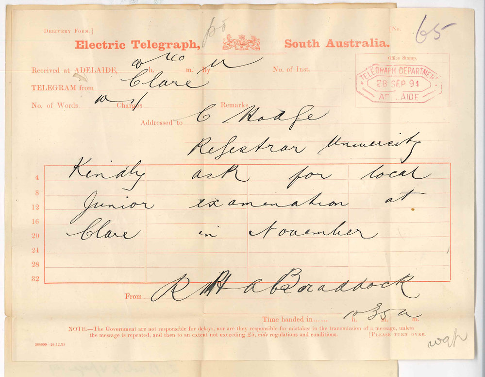 R H A Braddock - Advanced School Clare - Requests that local Junior Public Examination may be held at Clare in November 1894