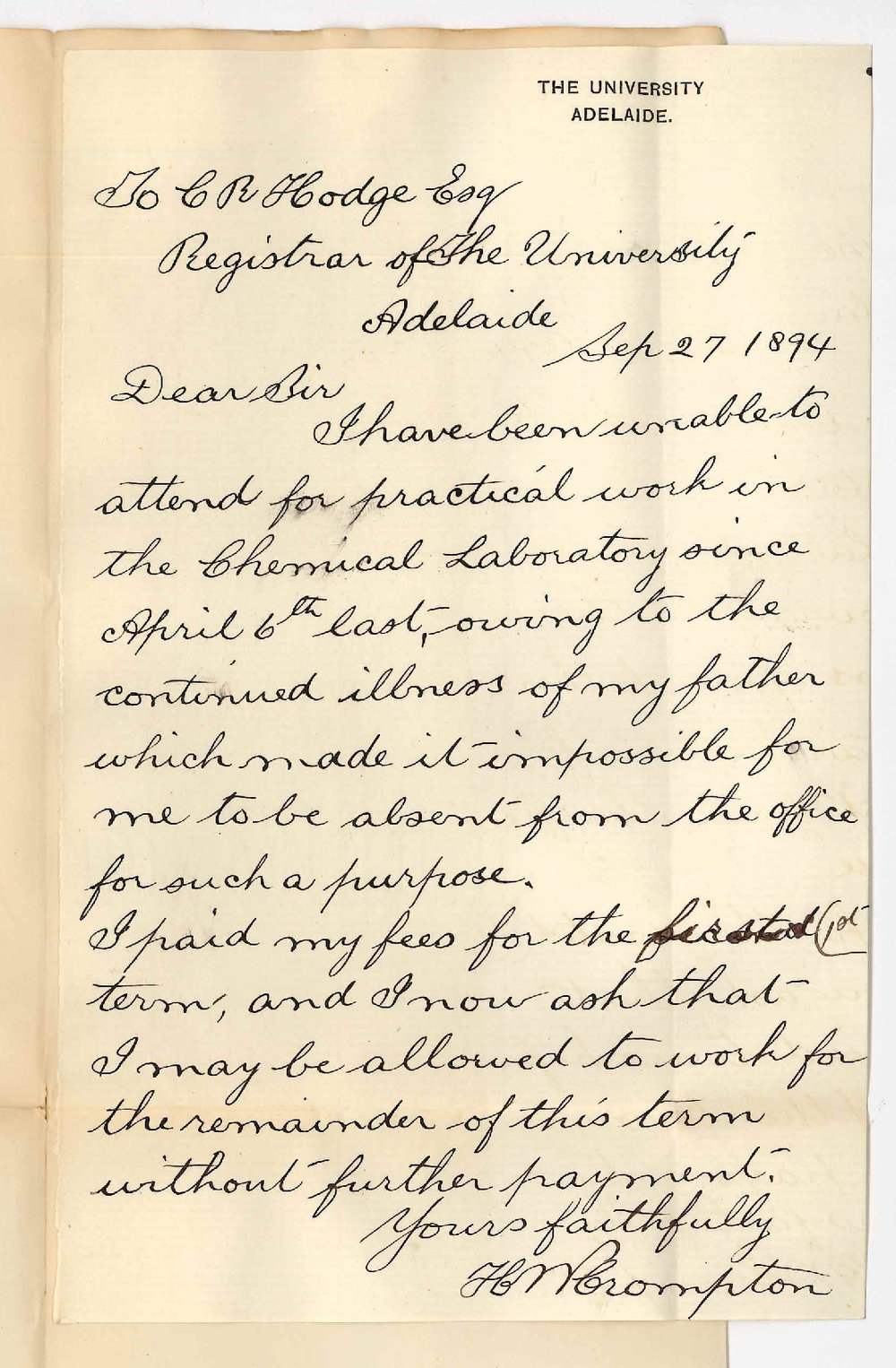 Henry Woodhouse Crompton - Practical Chemistry Credit for Fees Paid for Same