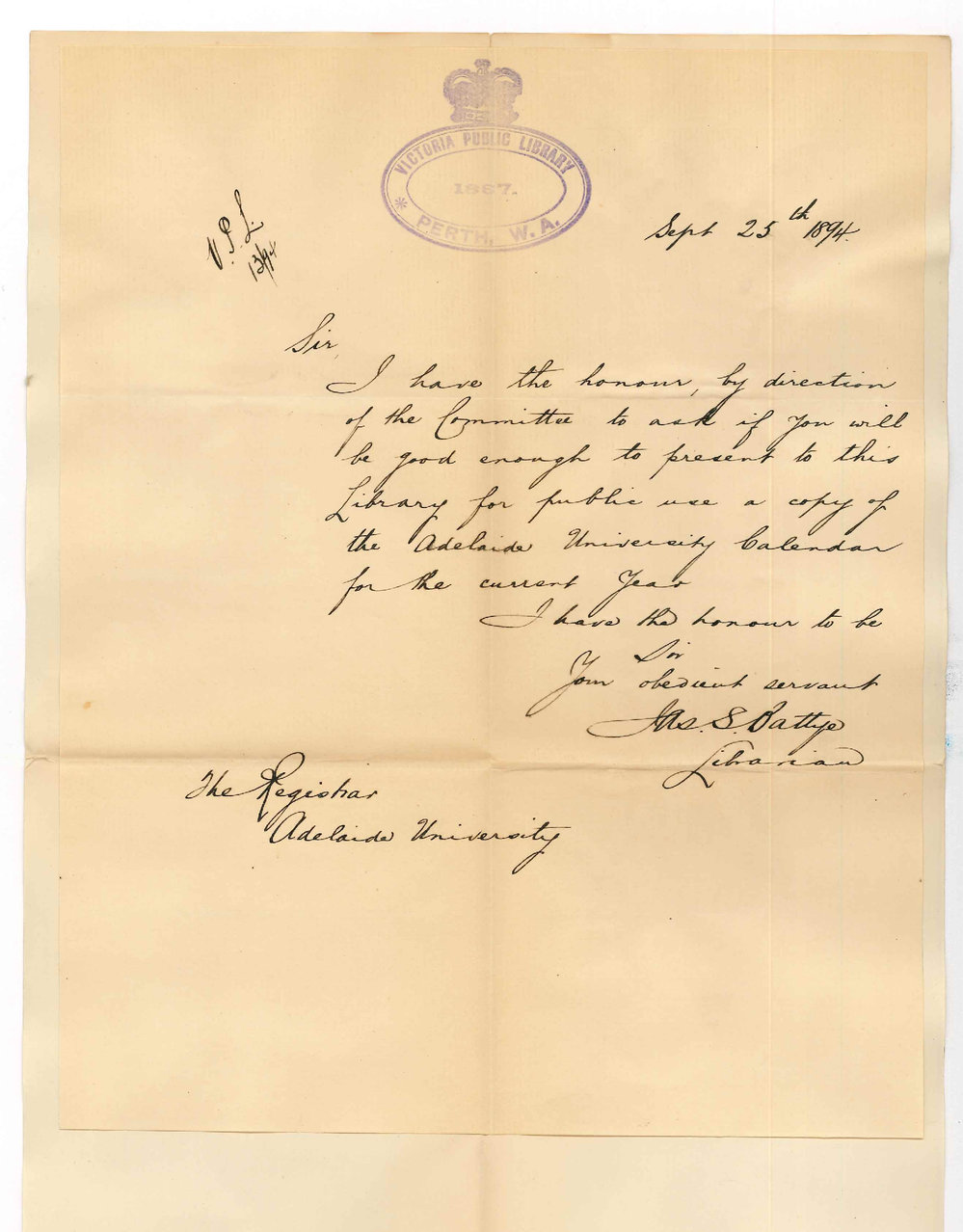 James S Battye - Librarian - Victoria Public Library - Perth Western Australia - Requesting Copy of University Calendar for Current Year