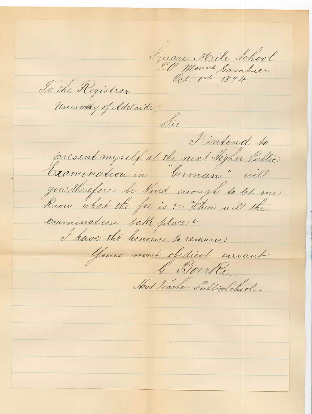 Gustav Boerke - Square Mile Public School - Mount Gambier - Higher Public Examination
