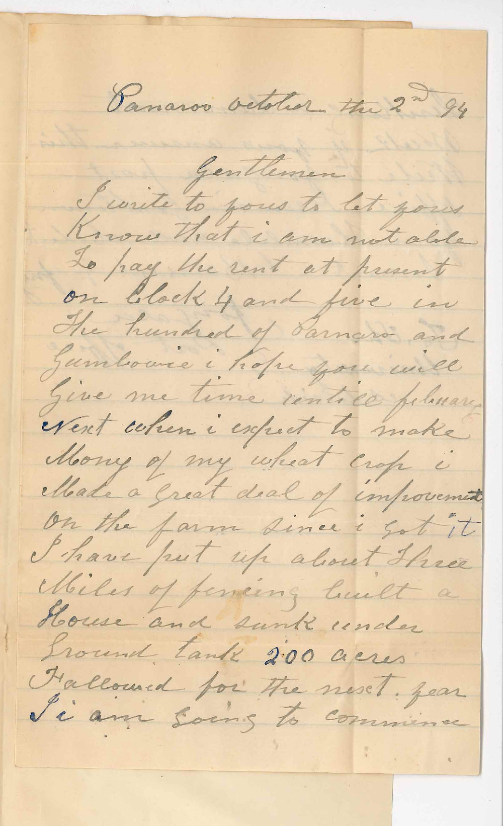Bernard Gaffney - Yongala Post Office - Requesting time for payment of Rent