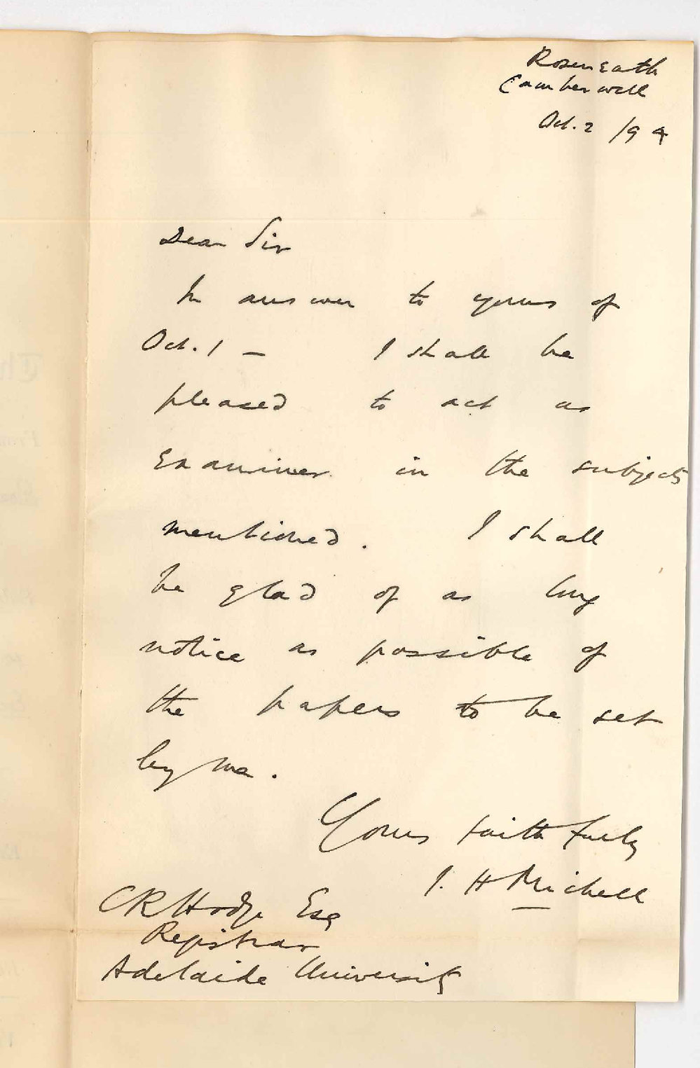 J H Michell - Roseneath Camberwell Victoria - Will act as Examiner in Mathematics for the MA and Ordinary BA and BSc Examinations in November 1894