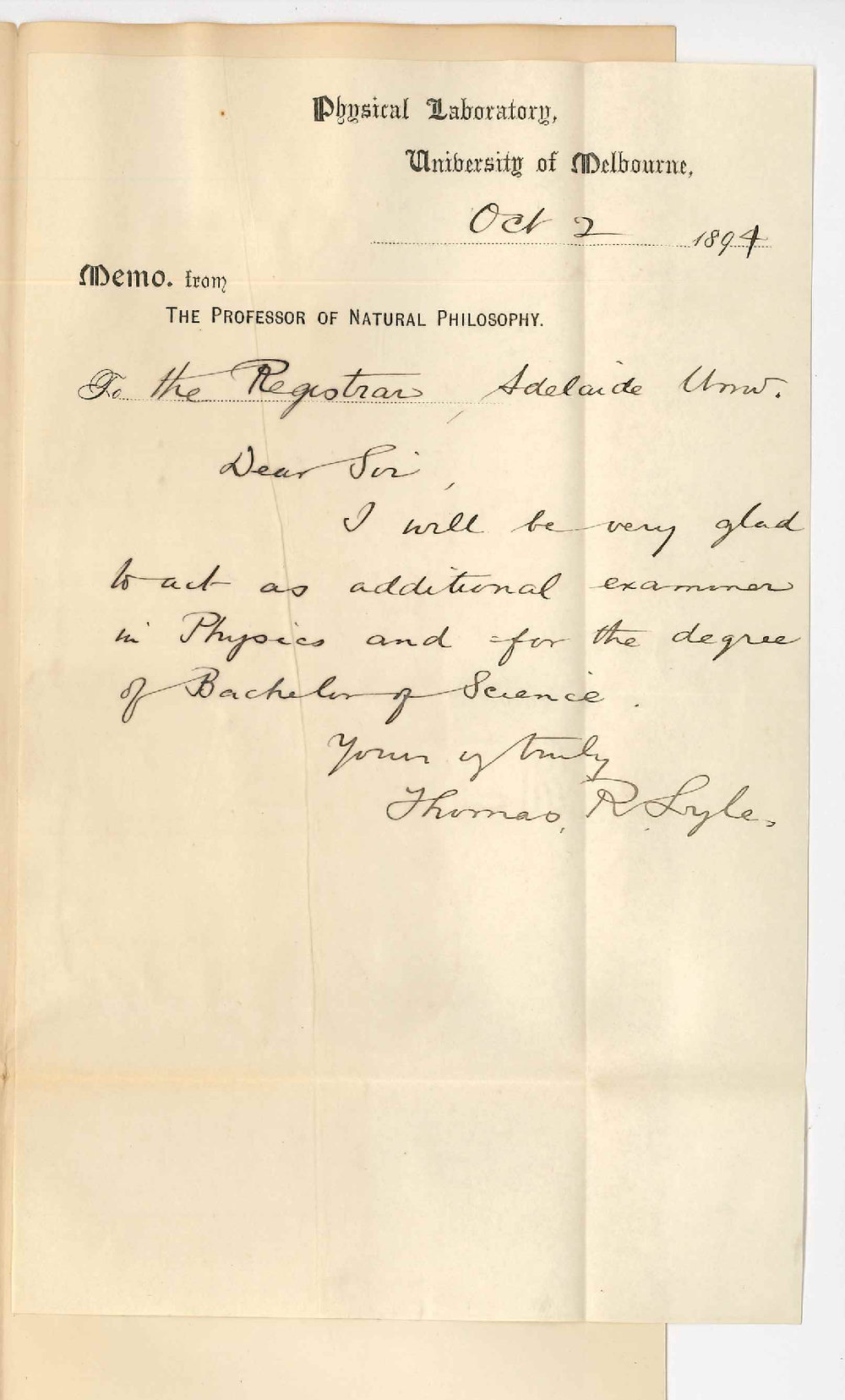 Thomas R Lyle - Physical Laboratory - University of Melbourne - Will act as additional Examiner in Physics November 1894