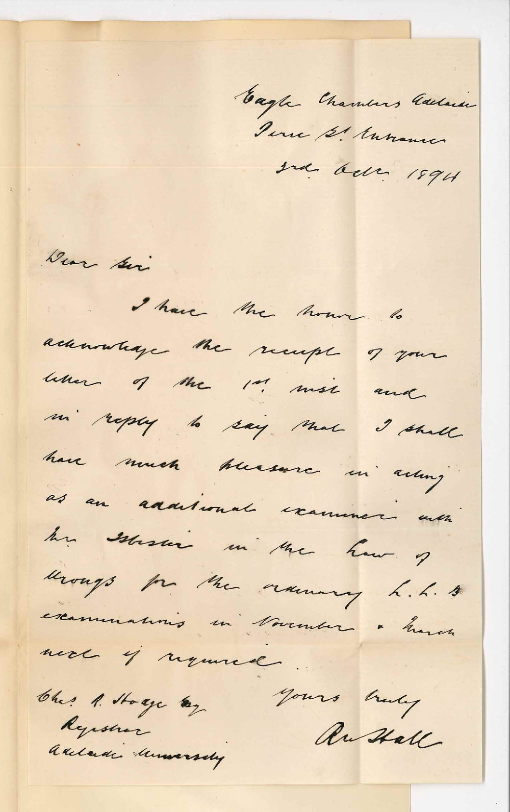 R W Hall - Eagle Chambers Pirie Street - Will act as additional Examiner in the Law of Wrongs November 1894 and March 1895