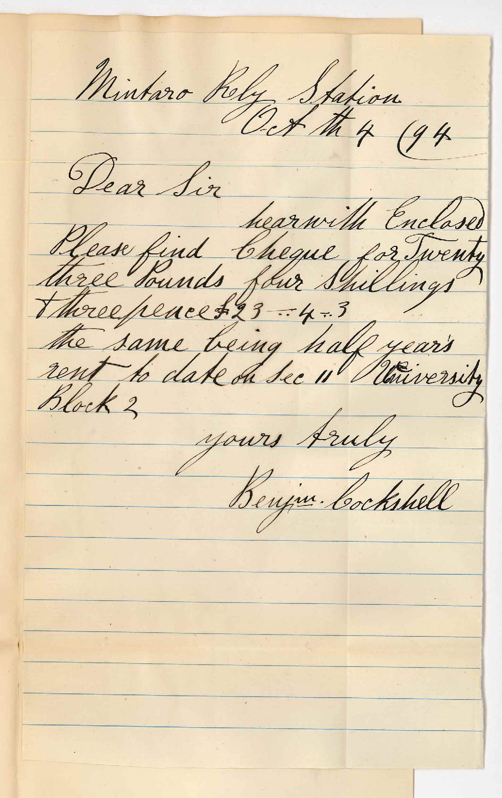 Benjamin Cockshell - Mintaro Railway Station - Mintaro - Payment of rent