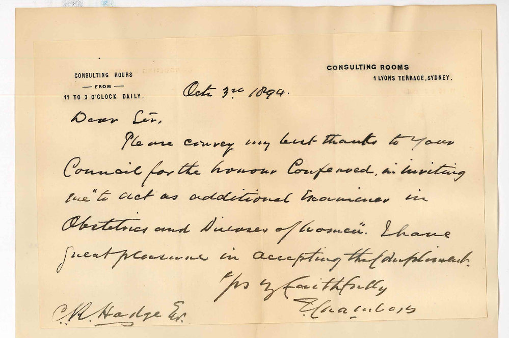 T Chambers - Lyons Terrace Sydney - Will act as additional Examiner in Obstetrics for the fifth year MB Examination November 1894