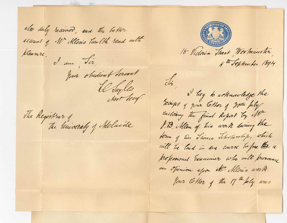 L C Sayles - Assistant Secretary - Commissioners Exhibition of 1851 - Westminster London - Regarding Receipt of Mr J B Allen's Final Report etc