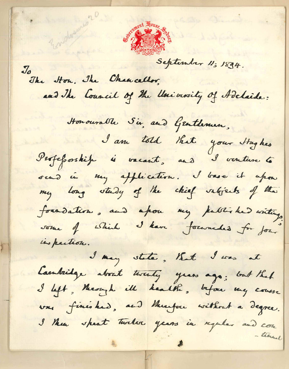 Arthur Galton - Government House Sydney - Application for vacant Hughes Professorship of English