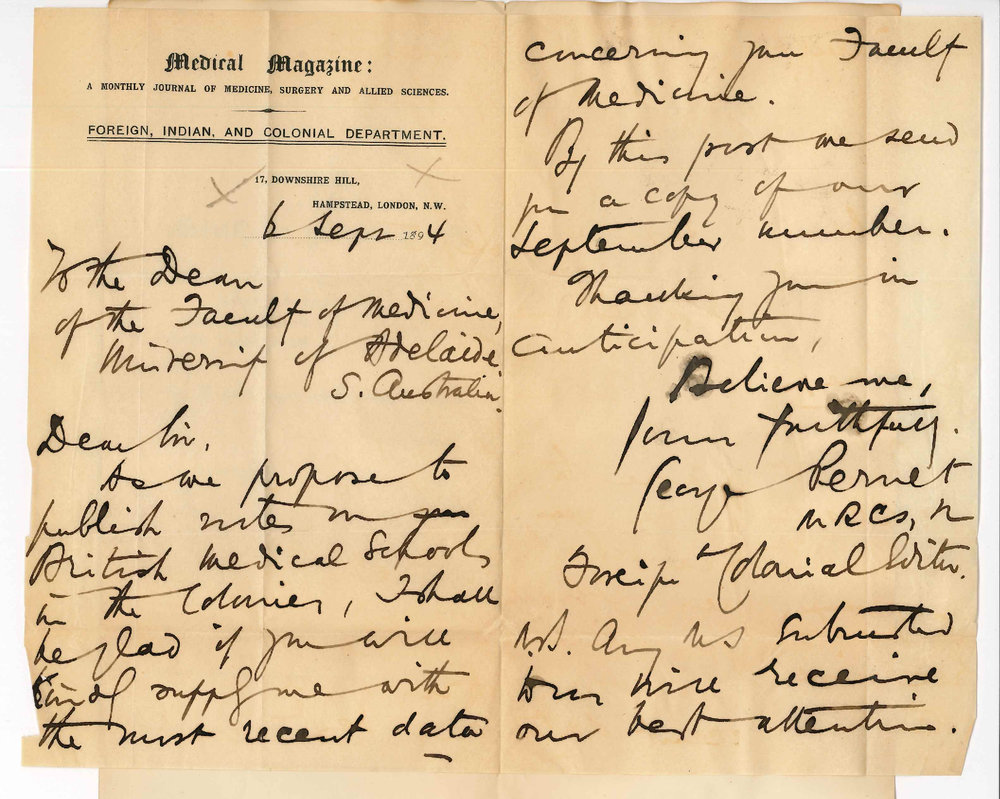 George Pernet - Foreign and Colonial Editor Medical Magazine - London NW - Requesting information regarding the Medical School