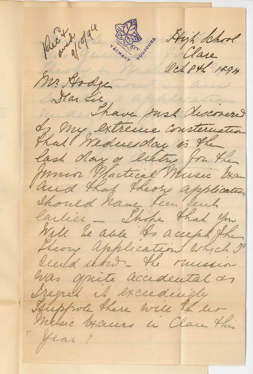 Mrs F E Barnard - High School Clare - Forwards Entries for Theory and Practice of Music Examinations November 1894
