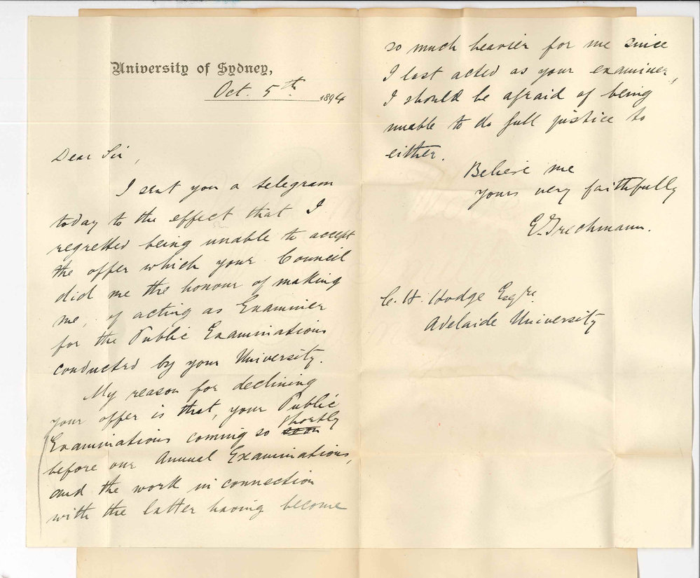 Emil Trechmann - University of Sydney - Reason for declining to act as Examiner in French and German for the Junior and Senior Public Examinations in November 1894 and Senior in March 1895
