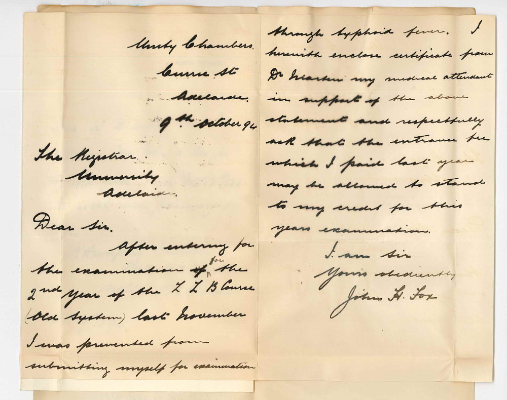 John H Fox - Unity Chambers Currie Street Adelaide - Requests Credit for Examination Fee Paid in 1893