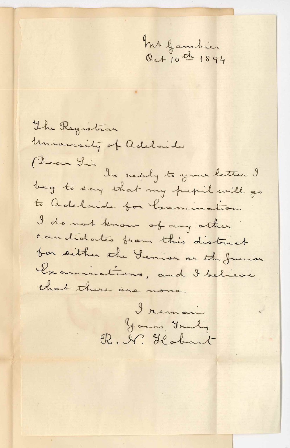 R N Hobart - Mount Gambier - States that pupil will attend Adelaide for Senior Public Exam