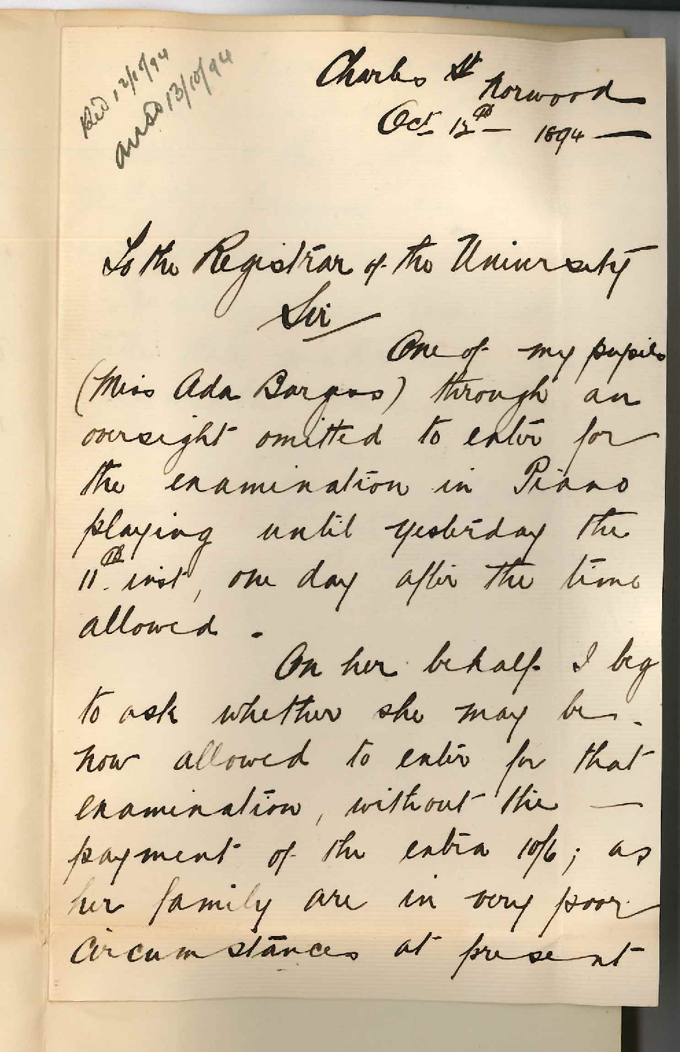 William Sanders - Norwood - Requests pupil be admitted without payment of late fee