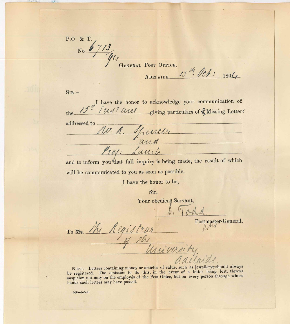 Sir Charles Todd - Postmaster General - Regarding Missing Letters Enquiry
