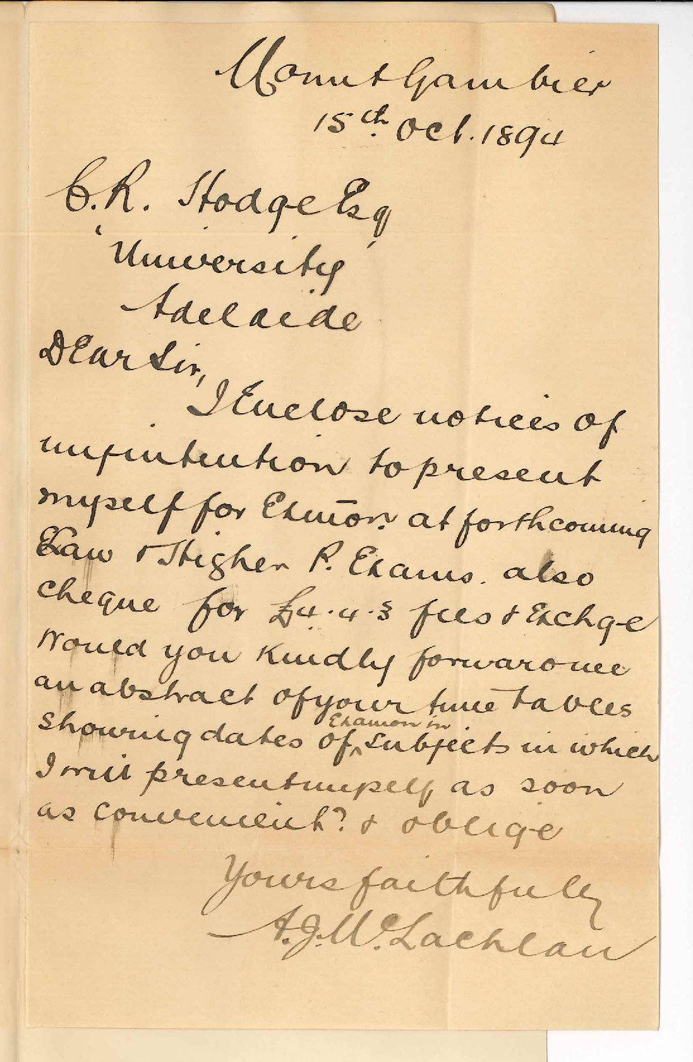 Alexander John McLachlan - Mount Gambier - Forwards Entry for LLB and Higher Public Examinations
