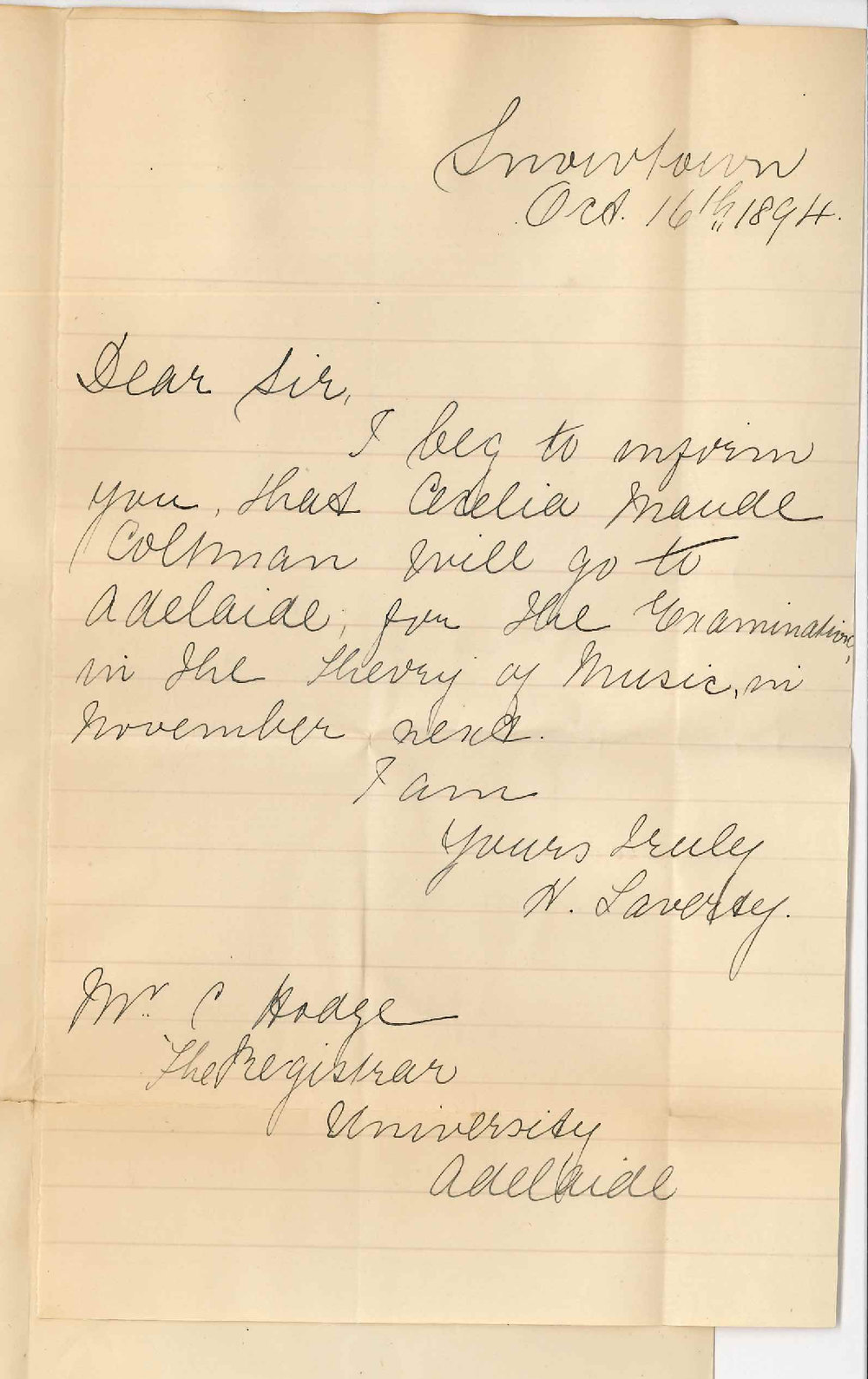 Miss H Laverty - Snowtown - Miss Adelia Maude Colman will attend Adelaide for Music Examination