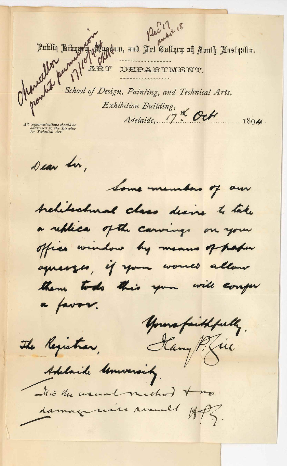 Harry P Gill - School of Design - Requests permission to take replica of carvings on office window