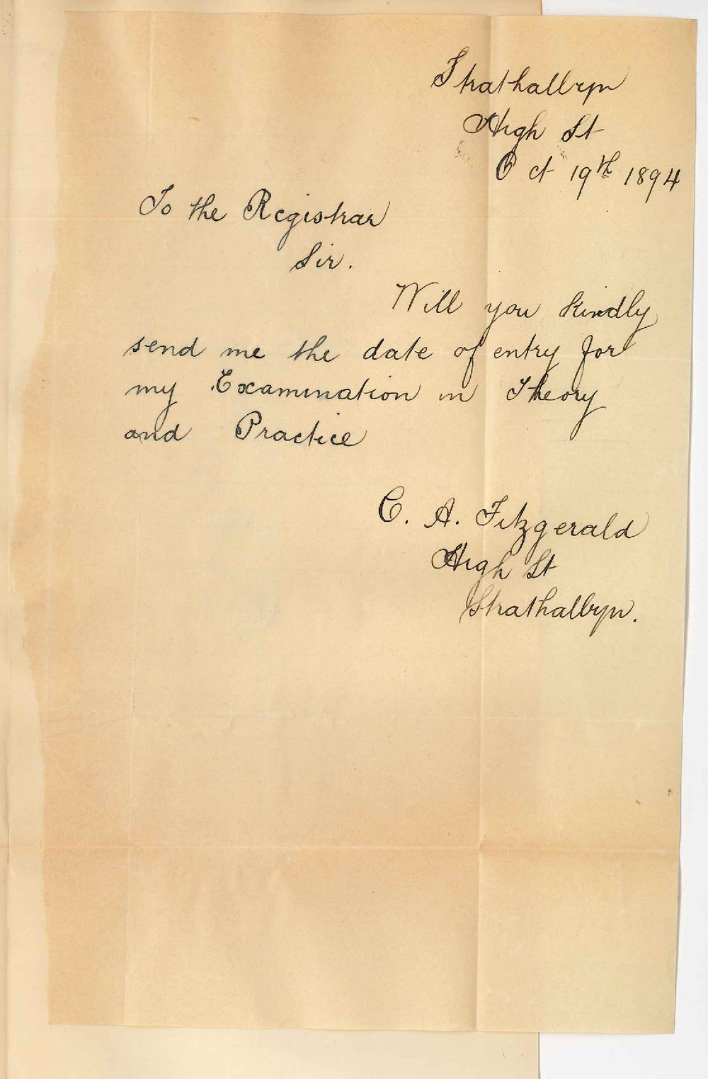 Miss C A Fitzgerald - Strathalbyn - Requests Date of Music Exams